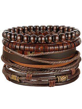 Leather Bracelet Set Mens Womens Braided Beaded Wooden Elastic Adjustable 4 Pack